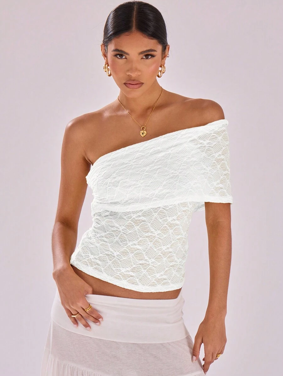 MUSERA Textured Mesh Detail Neckline Top Casual Vacation Holiday Vacation Festival Night Out Going Out Club Winter ,Elegant - White - View 1