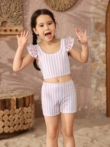 Young Girl Striped Ruffle Trim Bikini Swimwear Set With Shorts - Multicolor - View 3