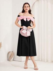 SHEIN 少女露肩撞色蝴蝶结中长连衣裙，派对黑色鸡尾酒会礼服，黑色返校节礼服，优雅连衣裙 - 彩色 - 查看 5