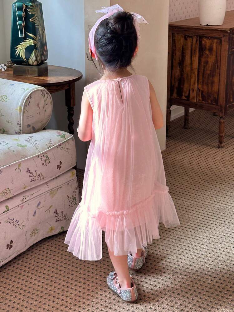 Young Girls Sleeveless Round Neck Pink Princess Dress, Summer