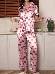 Valentine's Day Pink Butterfly Print Lapel Short Sleeve Pajama Set - Baby Pink - View 3