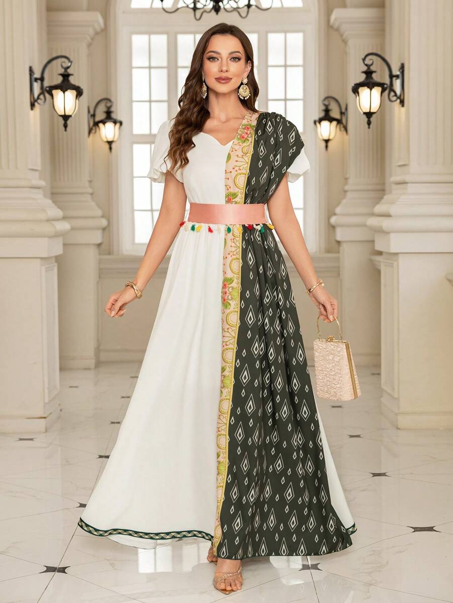 SHEIN Đầm tay ngắn họa tiết hoa hình khối màu trắng cho nữ - trắng - Xem 1