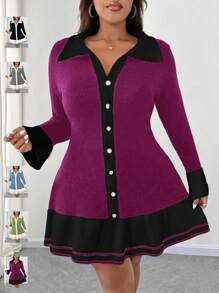 SHEIN Unity Plus Size Women Knitted Colorblock Sweater Dress With Ruffle Hem Button Decor, Elegant For Autumn/Winter - Purple - View 1
