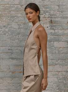 MUSERA 修身翻领单扣露背双肩带上衣，春夏休闲胶囊衣橱日常度假毕业典礼婚礼宾客装扮 - 灰色 - 查看 2