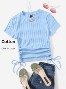SHEIN EZwear تي شيرت محبوك مضلع برباط جانبي مكشكش