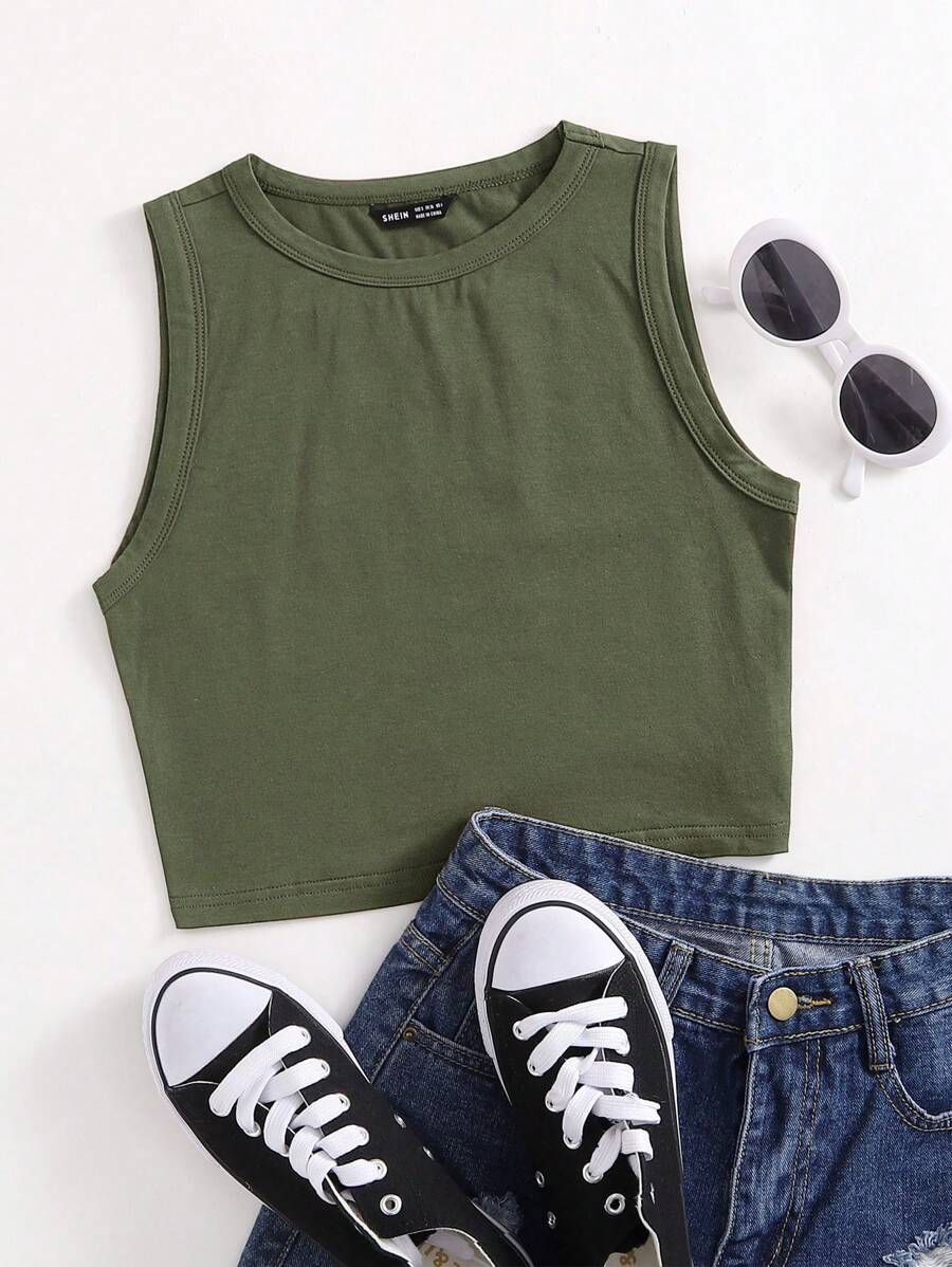 SHEIN EZwear Solid Crop Tank Top - Army Green - View 1