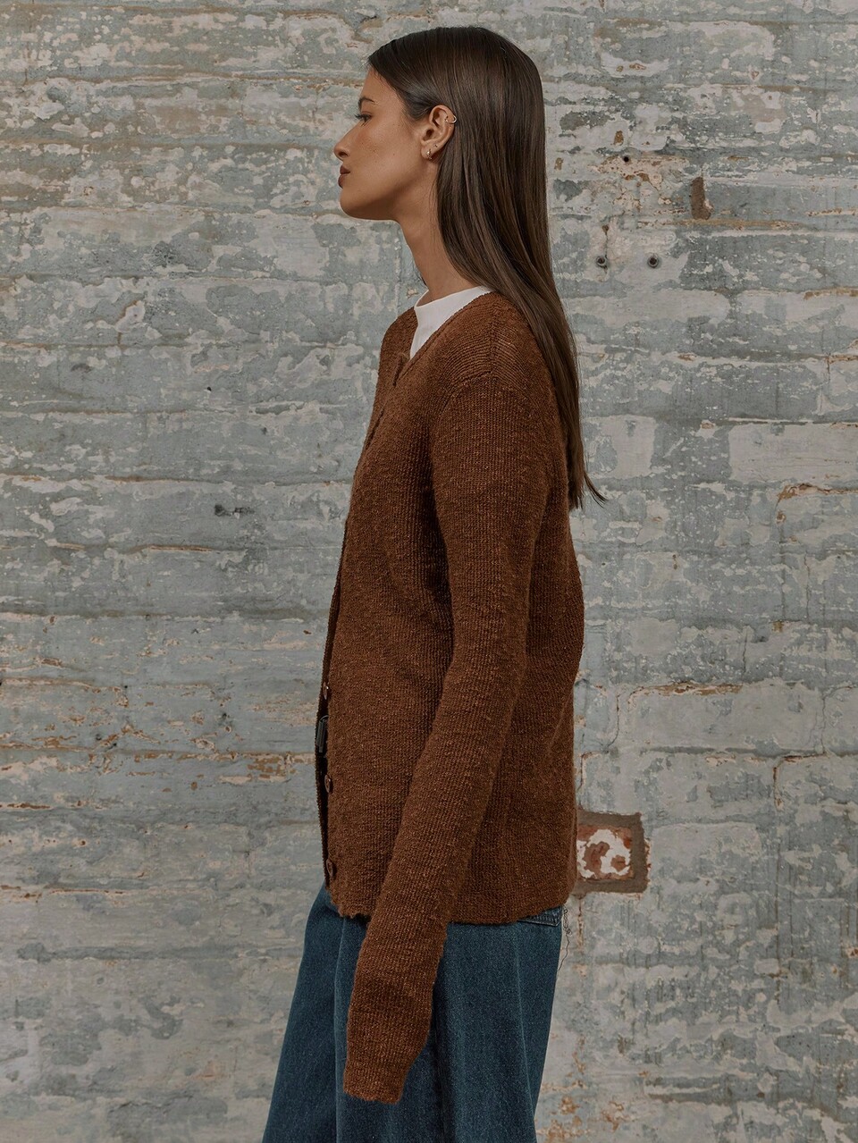 Fitted Crew Neck Button Up Longline Knit Cardigan