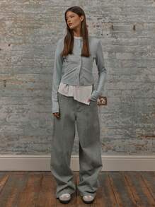 MUSERA Crew Neck Long Sleeve Popper Down Fastening Fitted TopVacation Spring Summer - Green - View 4