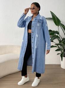 SHEIN Lady Plus Size Button Front Long Sleeve Pocket Distressed Long Denim Jacket, Fall Women Clothes