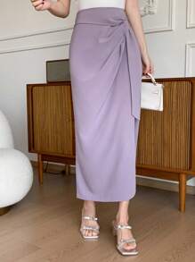 DAZY Fustă elegantă pentru femei, primăvară/vară, cu talie înaltă, cu crăpături în față și răsucire - Violet - Vizualizare 4