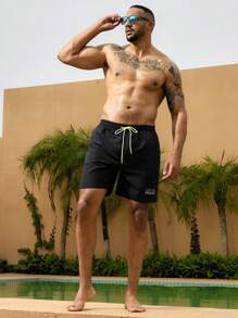 Surfspeed 大码男士撞色抽绳腰沙滩短裤泳装，休闲度假 - 黑色 - 查看 5