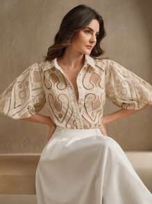 Anewsta 浪漫优雅度假风刺绣镂空领泡泡袖薄纱女式衬衫，适合情人节、夏季海滩度假、新年、波西米亚风、端庄风格 - 卡其色 - 查看 1