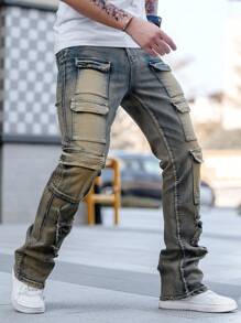 Manfinity LEGND Men's Washed Distressed Flare Leg Cargo Jeans Street Hang Out Urban - Yellow - View 3