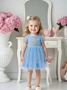 Glamorique Kids Baby Girl Dress,Snowflake Print Knit & Mesh Light Blue,Summer,Casual,Party,Prom Holiday Dress With Lace Trim & Puff Sleeves - Blue - View 1