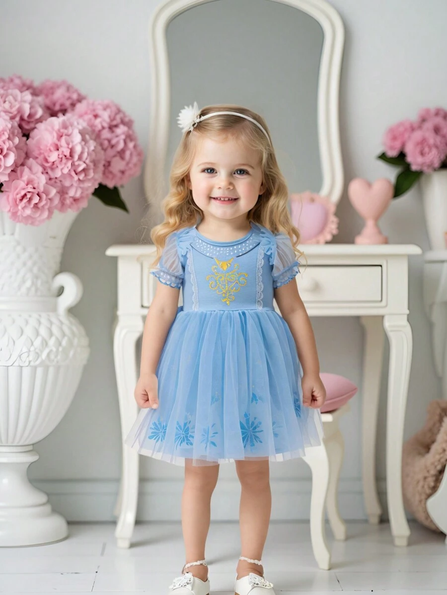 Glamorique Kids Baby Girl Dress,Snowflake Print Knit & Mesh Light Blue,Summer,Casual,Party,Prom Holiday Dress With Lace Trim & Puff Sleeves - Blue - View 1