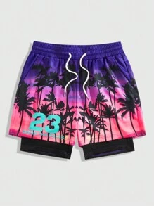 ROMWE MEN Prep Men's Jersey Vacation Casual Coconut Tree Print Drawstring Waist Shorts