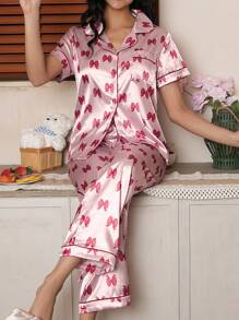 Valentine's Day Pink Butterfly Print Lapel Short Sleeve Pajama Set - Baby Pink - View 7