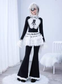 ROMWE Kawaii Women's Lace Patchwork Simple Flared Trousers, Casual Daily Wear - Black - View 2