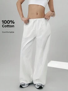SHEIN EZwear Drawstring Waist Straight Leg Pants - White - View 1
