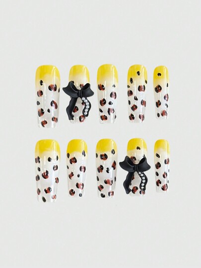 Grunge Punk 10pcs/Set Y2K Leopard Print High Quality Artificial Nail Tips + 3 Sheets Double-Sided Adhesive, Y2K Gothic Nail Stickers, Removable & Versatile For Holiday Party, Dance, Daily Wear, Halloween