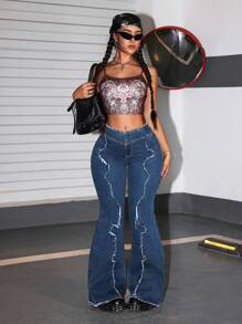 SHEIN ICON Women's Casual Extra Long Denim Flare Jeans With Distressed Ripped Detailing And Zipper Closure - Blue - View 3