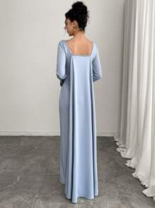 Modelyn Women's Elegant Solid Color 3D Floral Decor Long Sleeve Dress - Blue - View 6