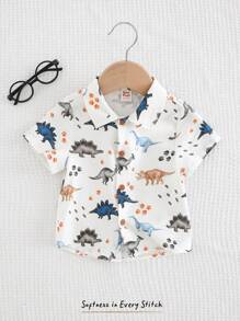 Cozy Pixies Áo sơ mi tay ngắn họa tiết khủng long hoạt hình cho bé trai, giản dị & đa năng - Màu xanh lam - Xem 1