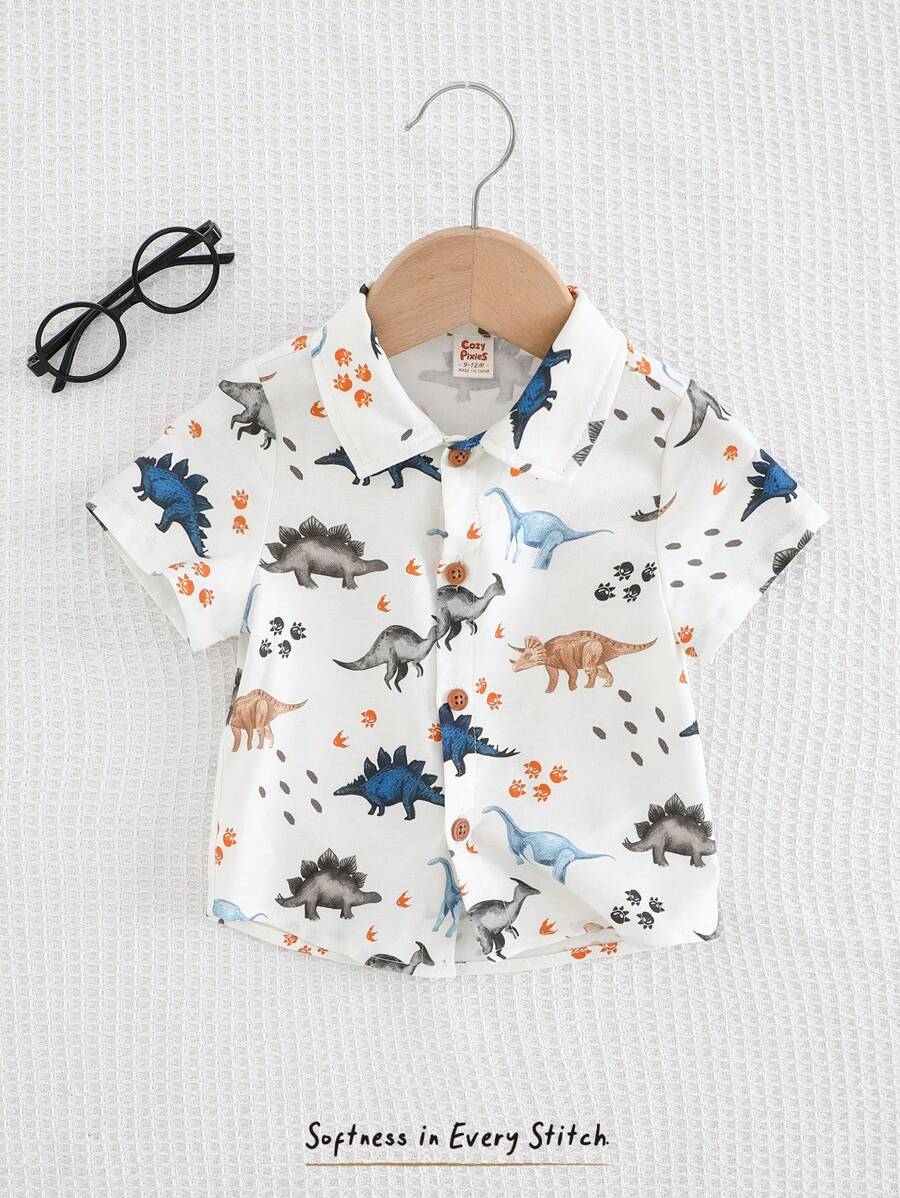 Cozy Pixies Áo sơ mi tay ngắn họa tiết khủng long hoạt hình cho bé trai, giản dị & đa năng - Màu xanh lam - Xem 1