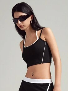 LYSMO Mujer Top deportivo informal recortado con detalles de bloqueo de color - Negro - Ver 7