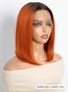 姜橙色鲍勃蕾丝前假发 人发短中分 T 部分直鲍勃假发 预拔渐变橙色 10-12 英寸 - S2/橘色 - 查看 2