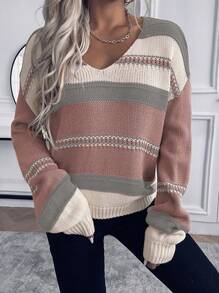 SHEIN LUNE V领撞色休闲百搭长袖套头毛衣，秋冬季长袖针织衫 - 灰色 - 查看 5