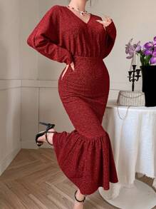 DAZY 安哥拉红色V领修身A字中长连衣裙，适合约会、派对、舞会等场合，荷叶边设计，秋季连衣裙，返校节礼服，长袖连衣裙，圣诞节、新年优雅女装 - 紅色 - 查看 2