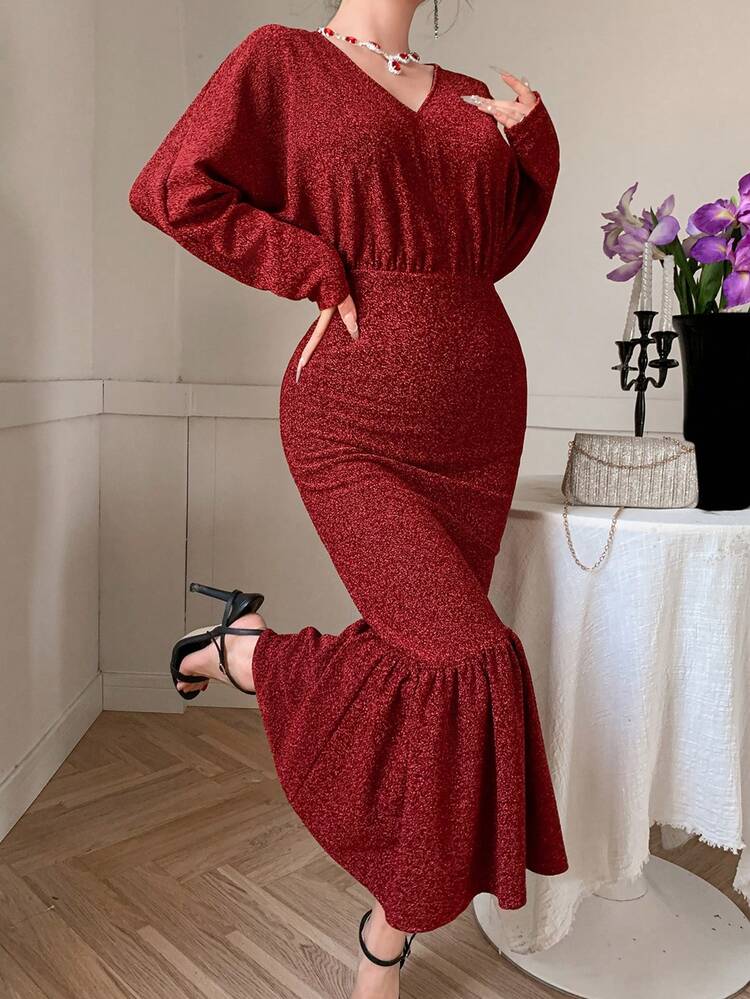 Angola Red V-Neck Fit & Flare Midi Dress For Date Night, Party, Waist Cinched Prom Dress Party Women,Ruffle,Fall Dress Homecoming Dresses Long Sleeve Dress Christmas,New Year Elegant Women Dresses