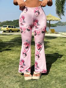 Flirla 针织印花牛仔效果弹力喇叭裤 - 彩色 - 查看 1