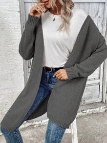 SHEIN LUNE Casual Plain Color Mid-Length Cardigan, Autumn/Winter - Dark Grey - View 4