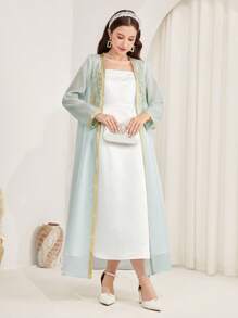 SHEIN 少女优雅浅绿色缎面吊带裙和欧根纱长外套两件套，开斋节长假休闲装 - 薄荷綠 - 查看 6