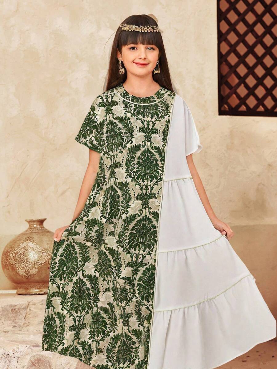 SHEIN Leap Crew Tween 女童超大休闲图案拼色多层圆领连衣裙 - 綠色 - 查看 1