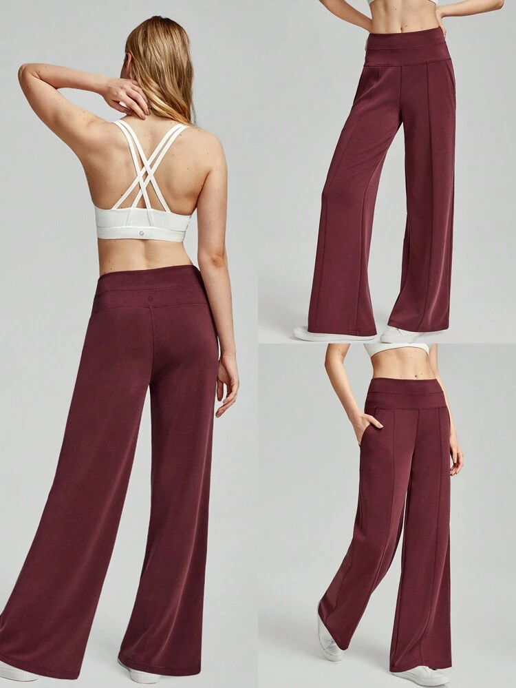 モーダル シルクタッチ ワイドレッグ ハイウエスト ラウンジパンツ サイドポケット付き デイリーカジュアル 秋冬