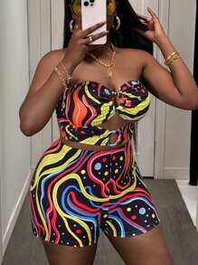 Slaydiva Plus Size Women Sexy Cutout Halter Crop Top And Mini Shorts Set For Vacation
