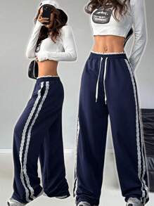 SHEIN EZwear Women's Spring Summer Daily Wear Y2K Fashion Streetwear Preppy Homecoming Casual Knit Lace Banded Texture Decoration Drawstring Elastic Waistband With Pockets Navy Blue Wide Leg Sweatpants
