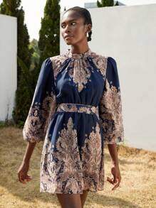 SHEIN Privé Southern France Dress With Waistband, Printed Pattern, V-Neck, Long Sleeve, Mid-Length, For Women, Spring Wear Fall Cloth For Women - Multicolor - View 5