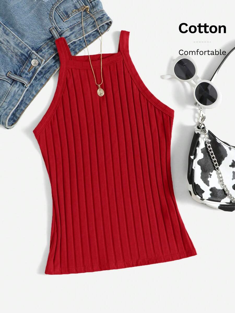 SHEIN EZwear Women's Solid Color Wide Strap Simple Fitted Tank Top, Casual And Resort Wear - Burgundy - View 1