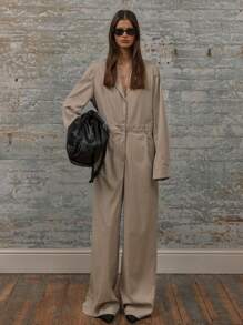 MUSERA Shirt Style Long Sleeve Lapel Tailored Belt Loop Wide Leg Pleat Detail Jumpsuit Casual Spring Summer Vacation Elegant Easter - Multicolor - View 4