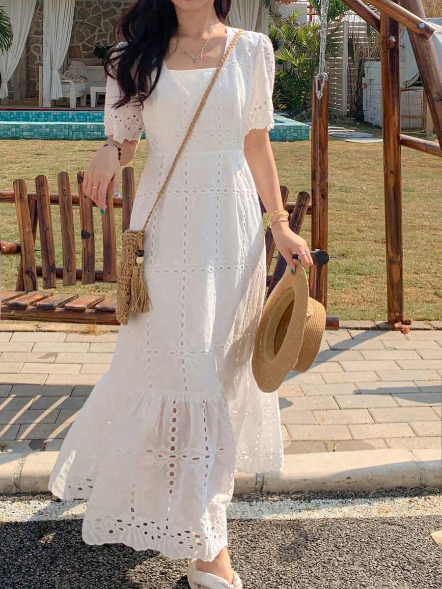 FRIFUL Women's Long White Embroidered Dress, Fashionable White Dress For Summer Prom Dress Vacation Outfits Women - White - View 1