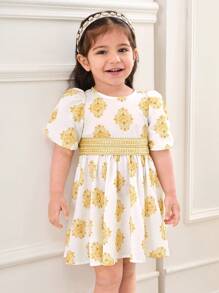 SHEIN Baby Girls' Elegant Cute Faux Gold Metallic Ribbon Decor Waist Ruffle Hem Short Sleeve Dress - White - View 4