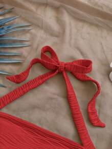 Soleia 女士度假挂脖式红色纹理针织修身背心 - 紅色 - 查看 5