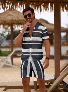 Manfinity RSRT Men's Contrast Color Striped Knit Short Sleeve Top And Shorts Set