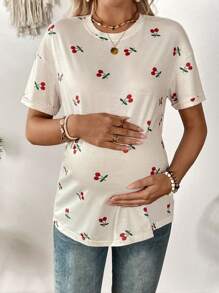 SHEIN تي شيرت كاجوال بتصميم طباعة الكرز للرقبة المستديرة وياقة متدلية للنساء الحوامل