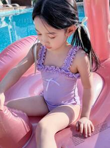 DAZY Girls' One-Piece Swimsuit With Frill Trim And Bow, Kid Clothes For Fall - Violet Purple - View 1