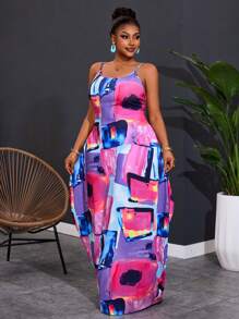 Slaydiva Plus Size Women Geometric Printed Sleeveless Casual Beach Dress With Pockets, Versatile For Spring & Summer - Multicolor - View 7